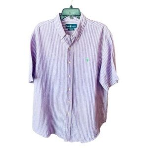 Ralph Lauren Classic Fit 100% linen short sleeve shirt XL purple white stripe
